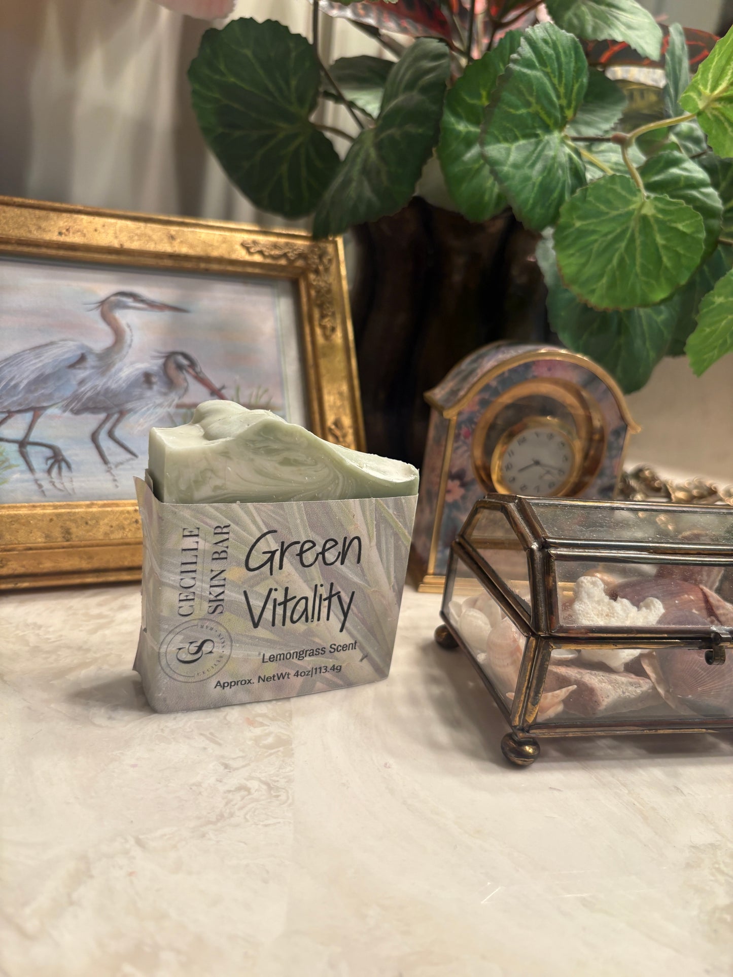 Green vitality handmade soap bar in a paper sleeve